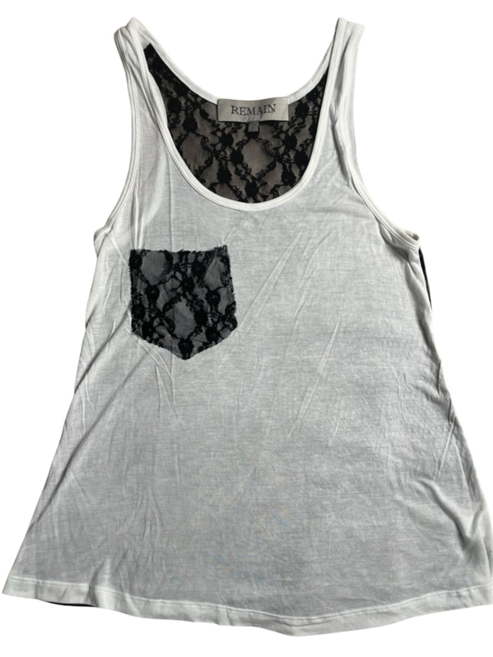 Remain White Tank with Black Lace Pocket